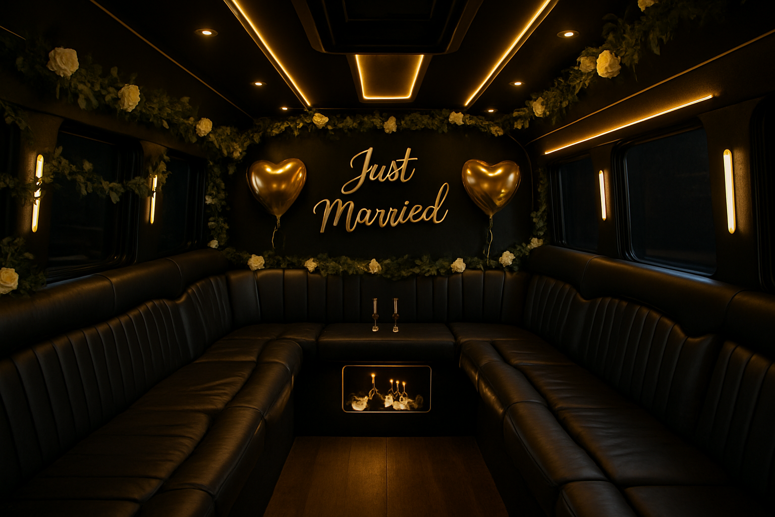 A happy wedding party celebrating with champagne on the party bus