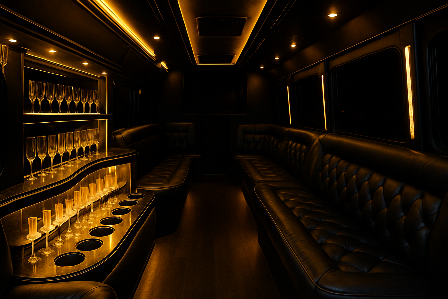Friends enjoying drinks during a night out on a party bus