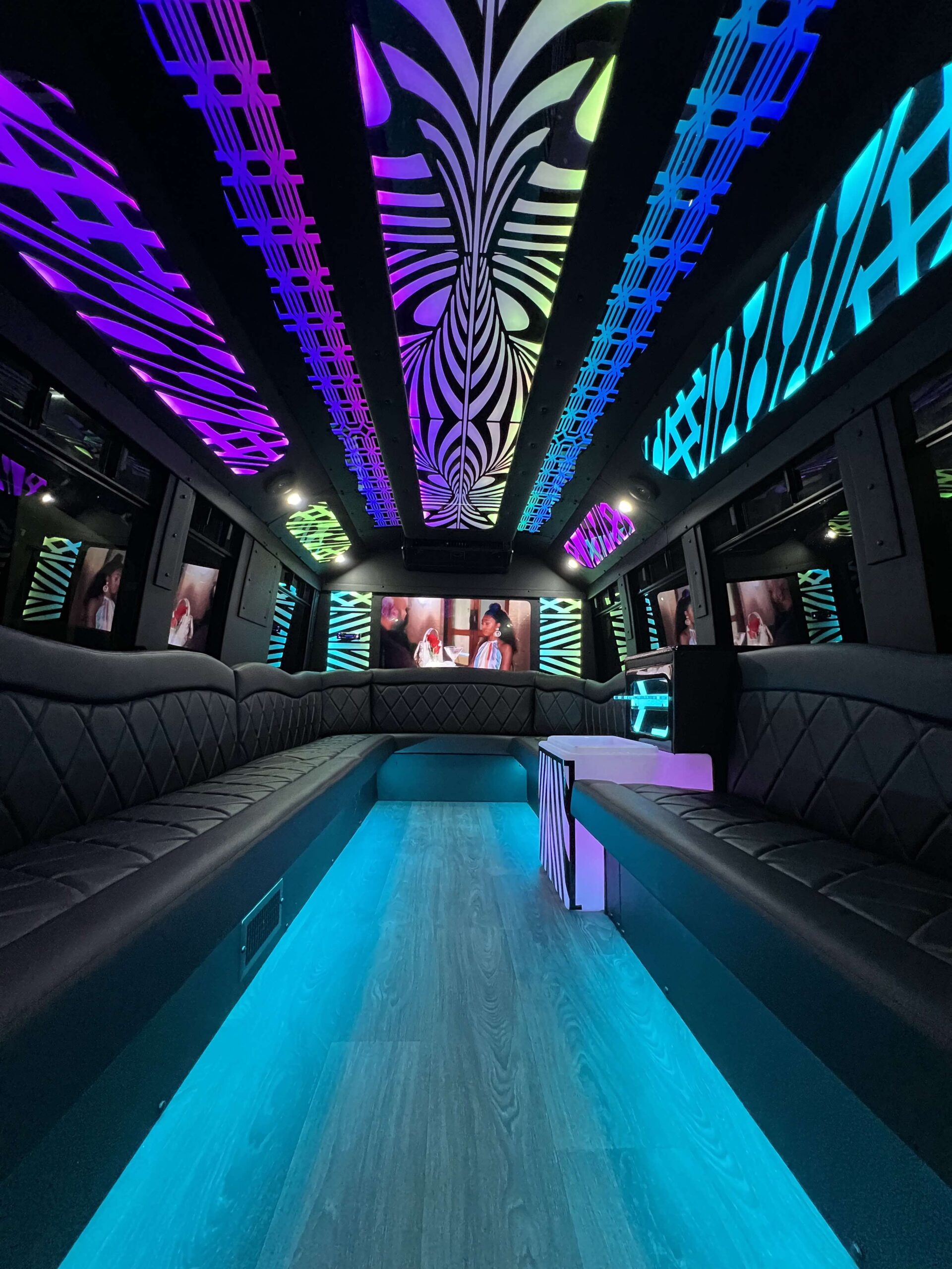Dynamic mood lighting and premium sound system controls on the Limo Lux Coach