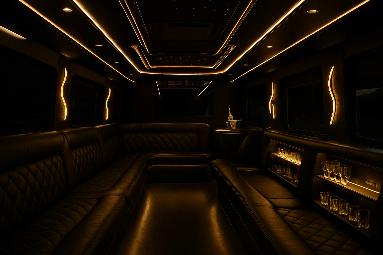Luxurious party bus interior with plush leather seating and mood lighting