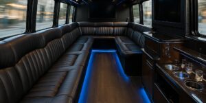 Luxurious party bus interior with leather seats, LED lighting, and polished amenities, ideal for group transportation to the Wisconsin State Fair.