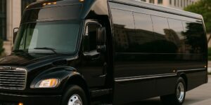 A luxury black party bus parked in an upscale Milwaukee urban setting, representing a premium team-building venue for end-of-summer corporate events.