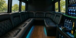 Professional stock photo of a luxury party bus interior featuring plush leather seating, LED lighting, a built-in bar, and a high-end sound system, highlighting a premium celebration environment without any people present.