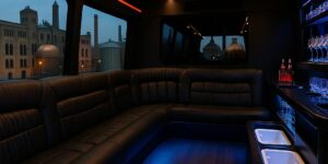 Luxury party bus interior with plush leather seats, LED lighting, and a bar area, seen parked near Milwaukee brewery buildings.